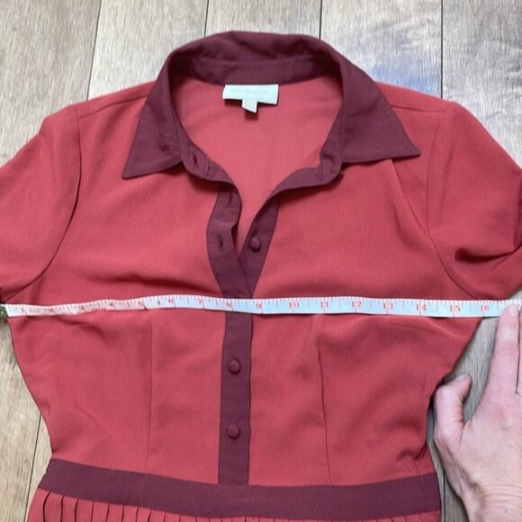 ModCloth Just My Typist Long Sleeve Shirt Dress In Brick pleated skirt sz XXS - Picture 13 of 15